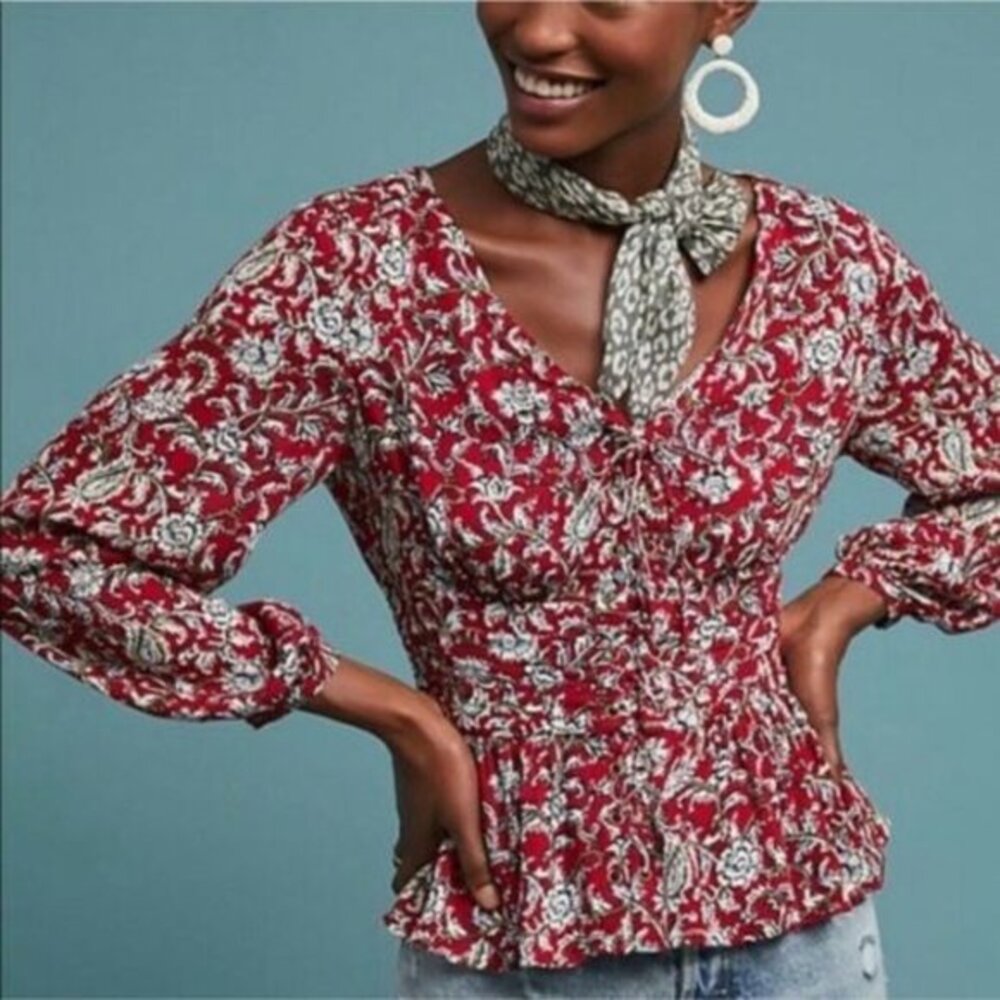Red Anthro Feather Bone Latrobe Lace Up Floral Blouse